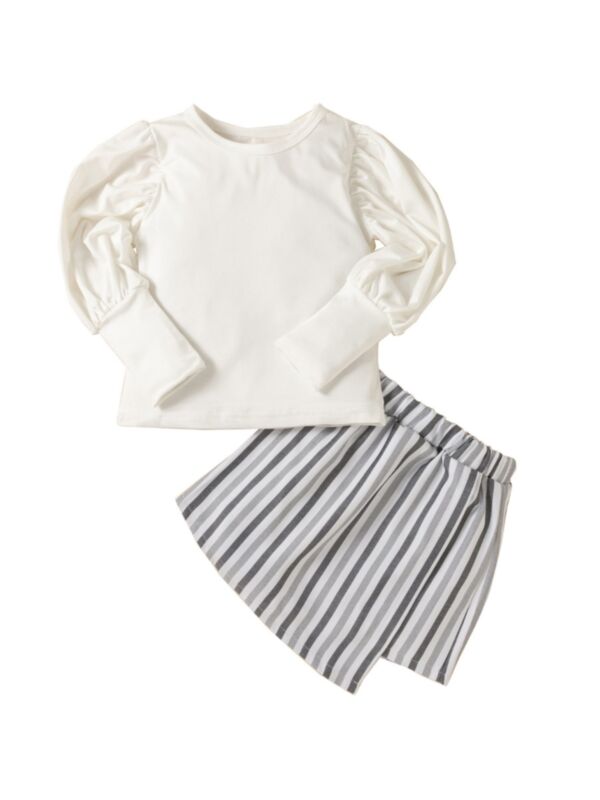 Lantern Sleeve Pullover With Striped Skirt Girls Sets Kids Wholesale Clothing 210909436
