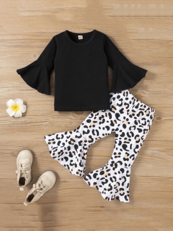 Flared sleeve Top with leopard print trousers Girls Sets Kids Wholesale Clothing 210909708