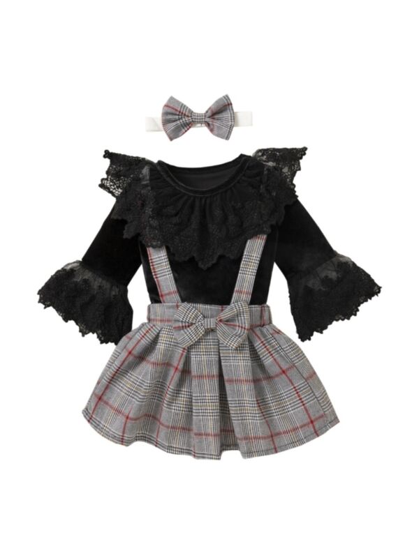 Velvet Flared Sleeve Romper Bowknot Plaid Strap Skirt Headwear  Girls Sets Wholesale Baby Clothes 210909951