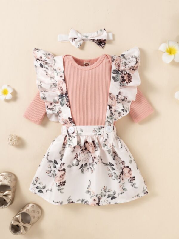 Blank Ribbed Bodysuit Flower Print Suspender Skirt Headband Three Pieces  Girls Sets Wholesale Baby Clothes 210909983