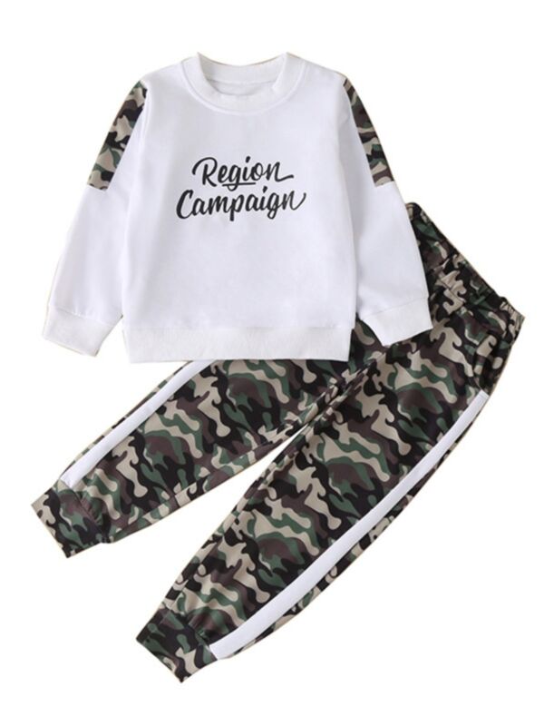 Letter Camo Print Kid Boy Clothing Sets Top & Pants 210910079