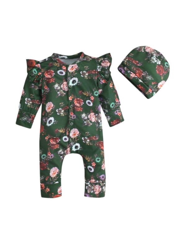 Flower Print Flutter Sleeve Baby Girl Jumpsuit With Hat 21091203