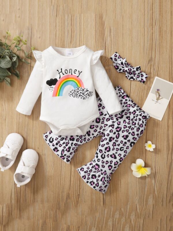Honey Rainbow Bodysuit & Leopard Print Flared Pants With Headband Baby Girls Sets 21091237