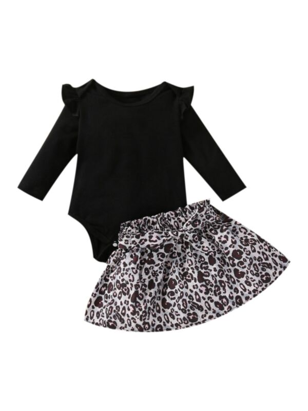 Solid Bodysuit And Leopard Print Skirt Baby Girl Clothing Sets 21091298