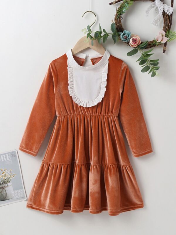 Frill Trim Brown Velvet Dresses For Girl 21091246