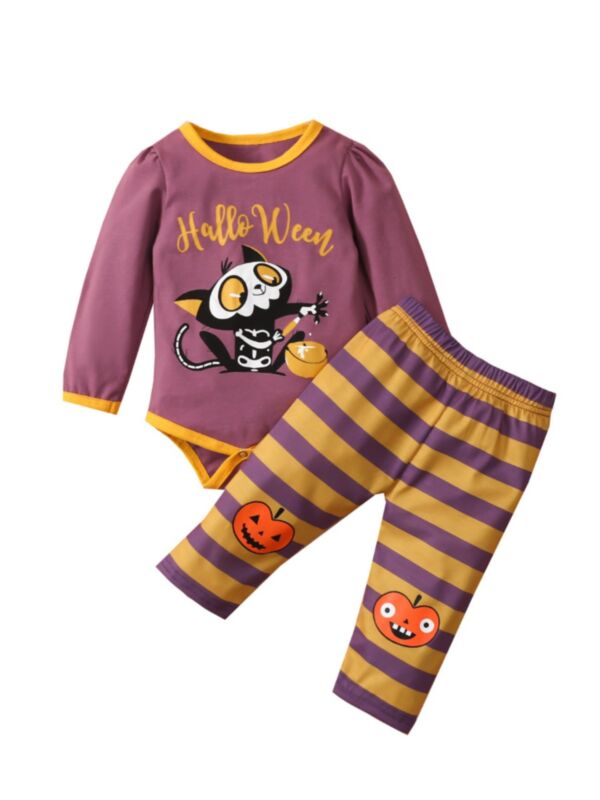 Halloween Cat Print Bodysuit & Striped Pumpkin Pants Wholesale Baby Clothes Sets 210914187