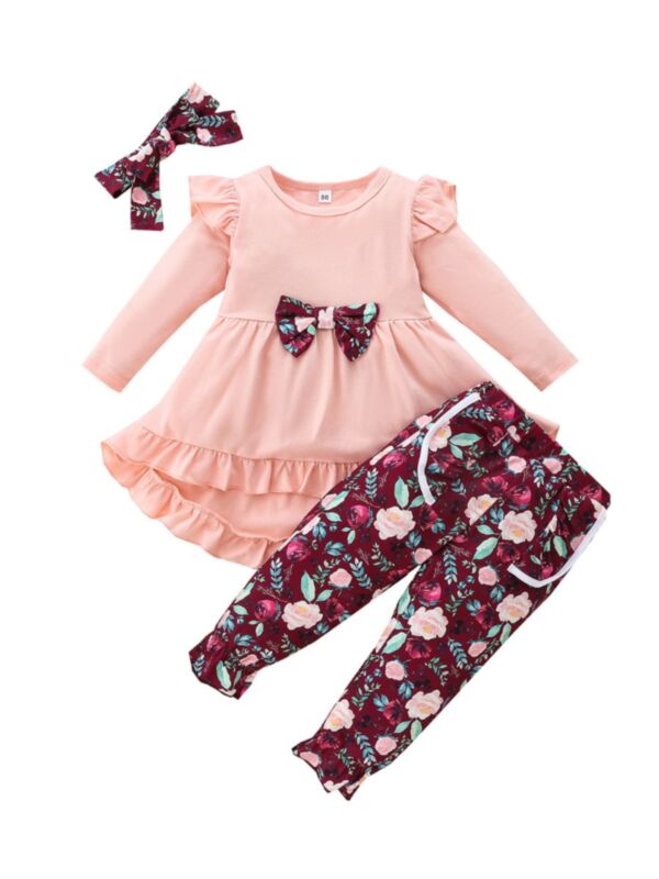 Hi Lo Ruffle Hem Top And Flower Pants With Headband Wholesale Little Girl Clothing Sets 210916107