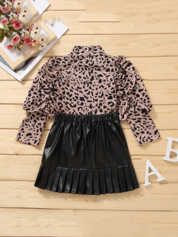 Leopard Print High Neck Top & PU Leather Skirt Wholesale Girls Clothes Sets 210916120