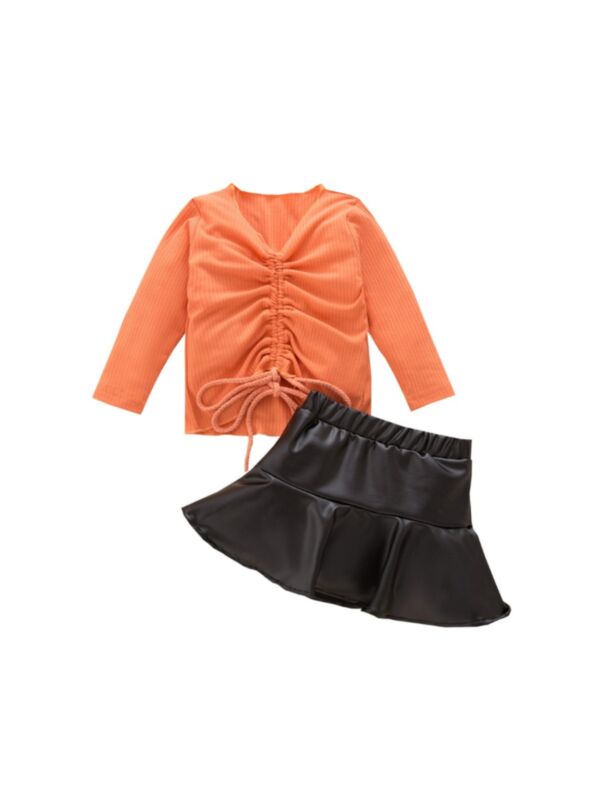 Kid Girls Sets Drawstring Top & PU Leather Skirt Fashion Girl Wholesale 210916742