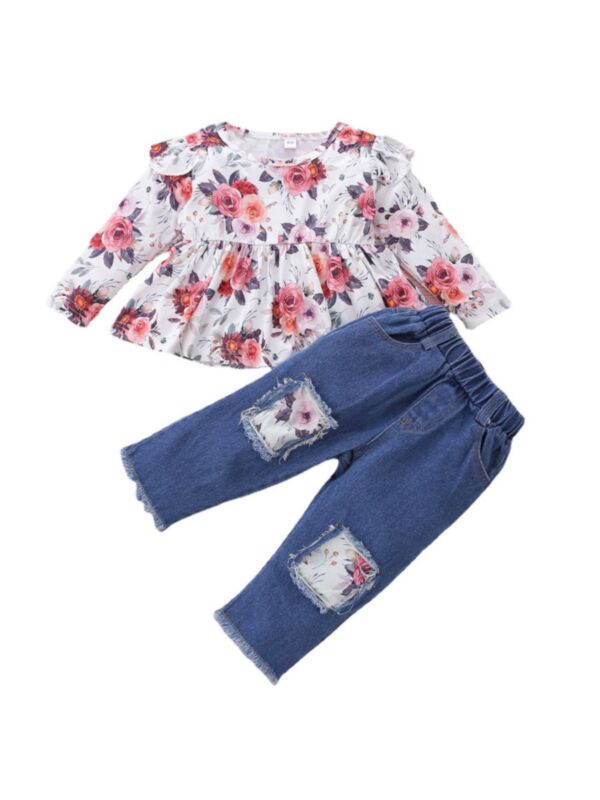 Flower Ruffle Top And Paneled Jean Wholesale Baby Girl Clothing Sets 210916984