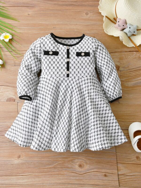Rhombus Link Print Half Button Baby Girl Dresses Wholesale 21091906