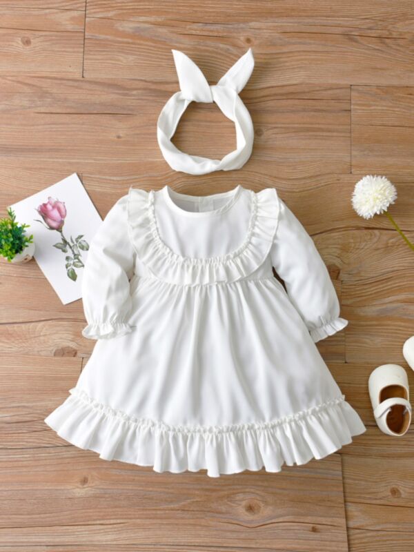Ruffle Hem White Dresses For Girl Wholesale Baby Clothes 21091909