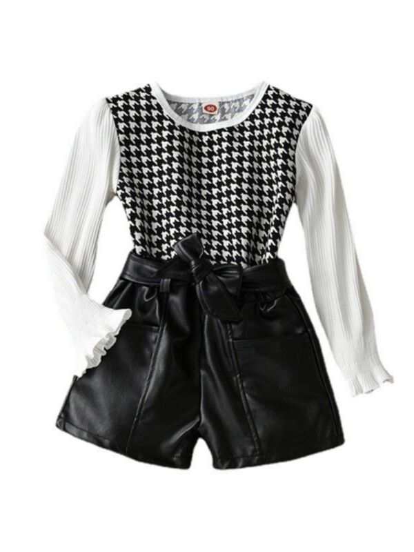 Houndstooth Top & Leather Short Wholesale Girls Clothes Sets 210922033