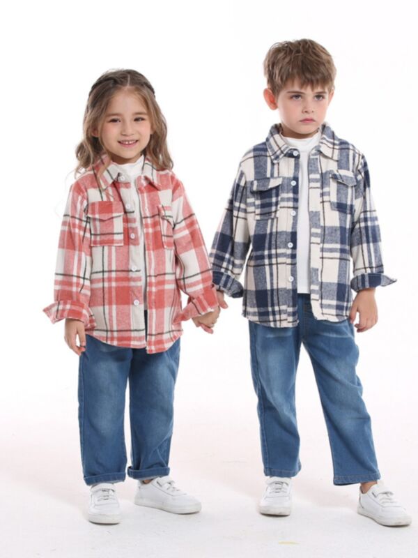 Plaid Lapel Fleece Sister & Brother Matching Clothes Shirt 210922157