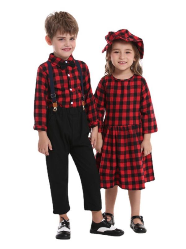 Plaid Christmas Brother And Sister Matching Outfit Dress & Shirt & Suspender Pants 210922200
