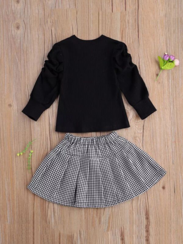 Ribbed Long Sleeve Top With Houndstooth Pleated Skirt Little Girls Sets 210922267