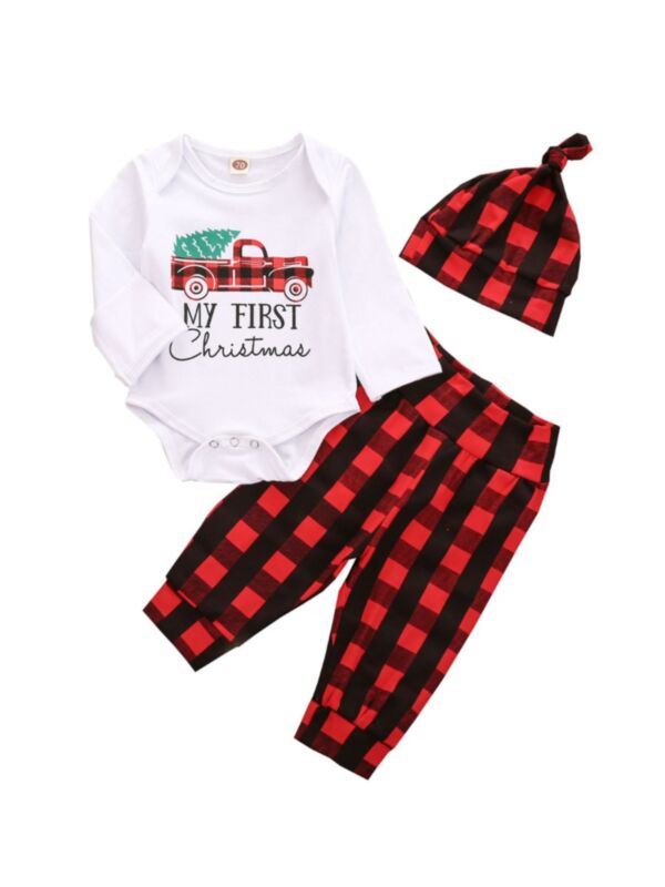My First Christmas Car Print & Plaid & Hat Wholesale Baby Clothes Sets 210922751