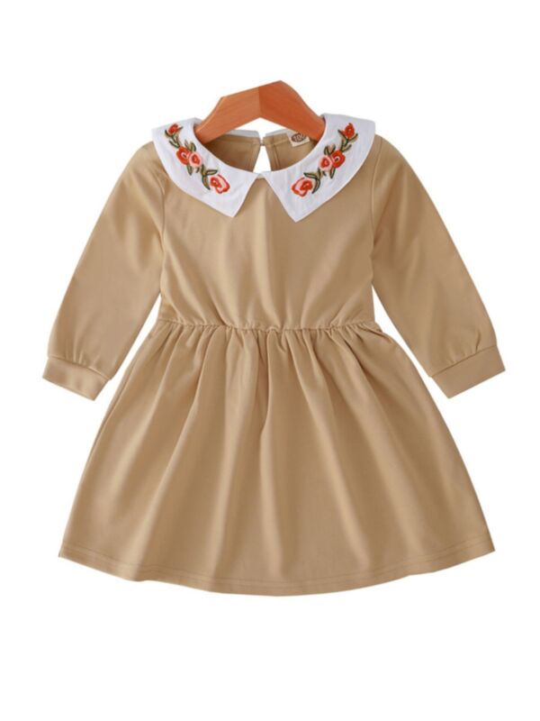 Embroidery Flower Collar Apricot Dresses For Girl 210924122
