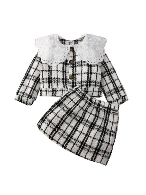 Plaid Lace Collar Cardigan And Skirt Kid Girls Outfit Sets 210924258