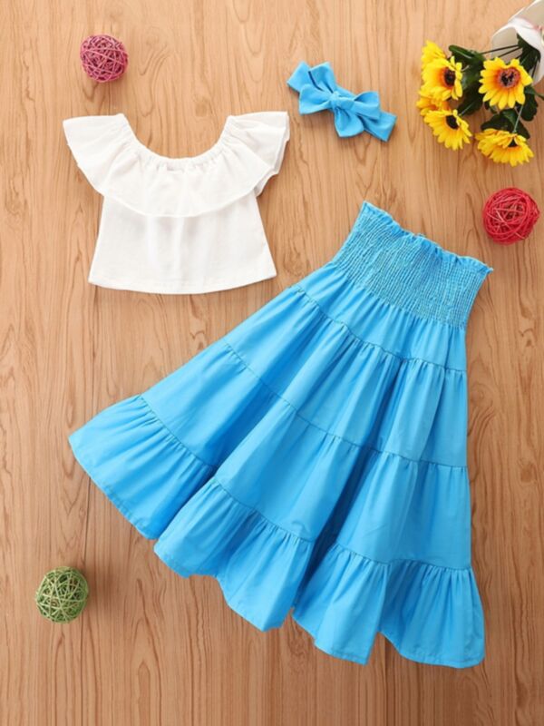 Plain Ruffle Off Shoulder Top & Frill Trim Skirt & Headband Wholesale Girls Clothes Sets 210924437
