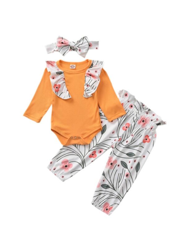 Floral Ruffle Trim Baby Girl Clothing Sets Bodysuit & Pants & Headband 210925458
