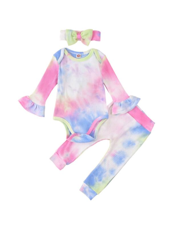Tie Dye Flared Sleeve Bodysuit & Pants & Headband Wholesale Baby Girl Clothing Sets 210925678