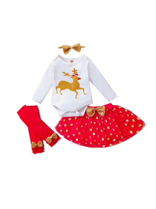 4 Pieces Christmas Elk Bodysuit & Polka Dots Tutu Skirt & Headband & Leg Warmers Baby Girls Sets 210926012