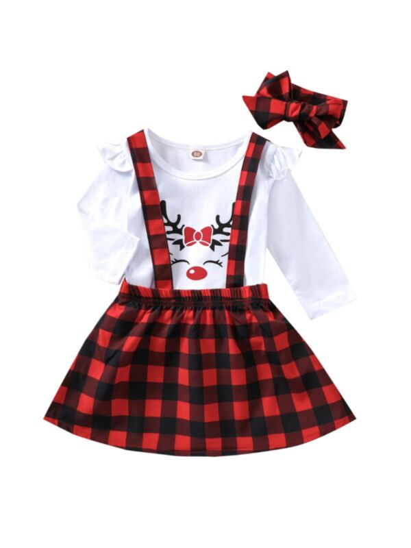 Christmas Top And Polka Dots Plaid Suspender Skirt & Headband Little Girls Outfits Sets 210926022