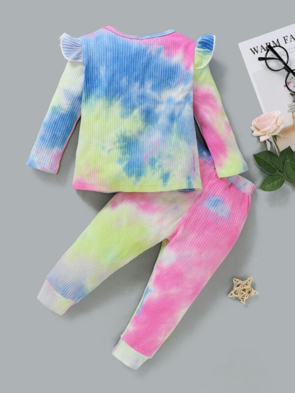 Tie Dye Flouncing Shoulder Long Sleeve Pant Girls Clothing Sets 21092683