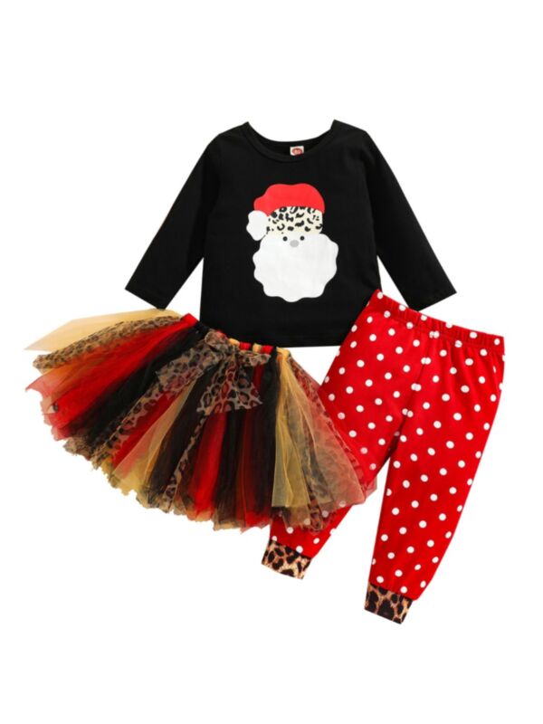 Christmas Three-Piece Santa Printed Sweater And Rainbow Skirt And Polka-Dot Trousers 210926906
