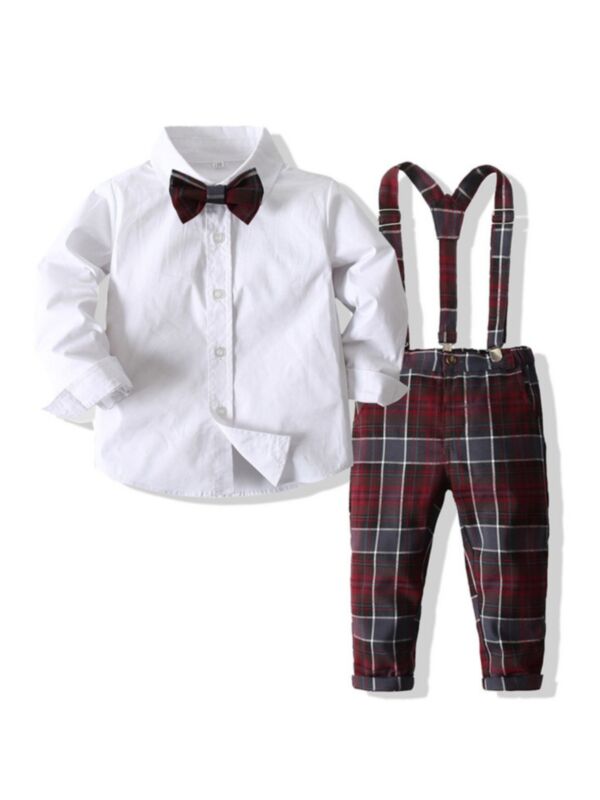 Solid Bowtie Shirt & Plaid Suspender Pants Kid Boys Suit Sets 210928109