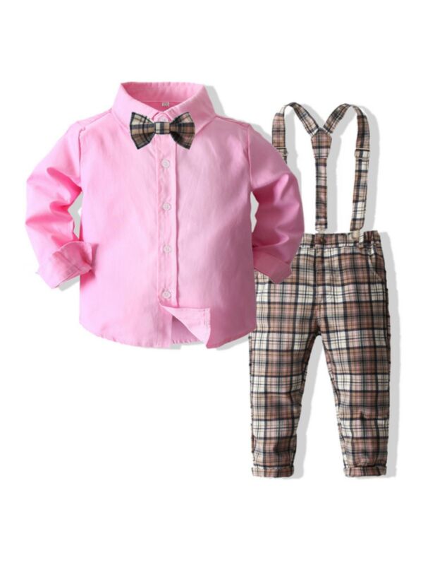 Kid Boys Suit Sets Bowtie Shirt & Plaid Suspender Pants Wholesale Boy Clothes 210928231