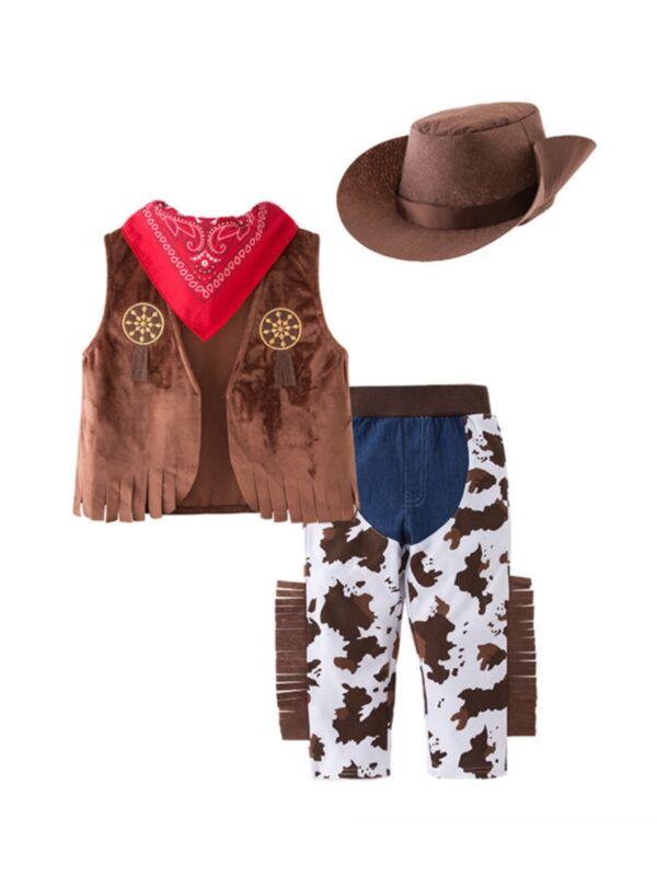 Kid Boy Four-piece Cowboy Vest And Cow Pattern Pants And Scarf With Hat 210929225