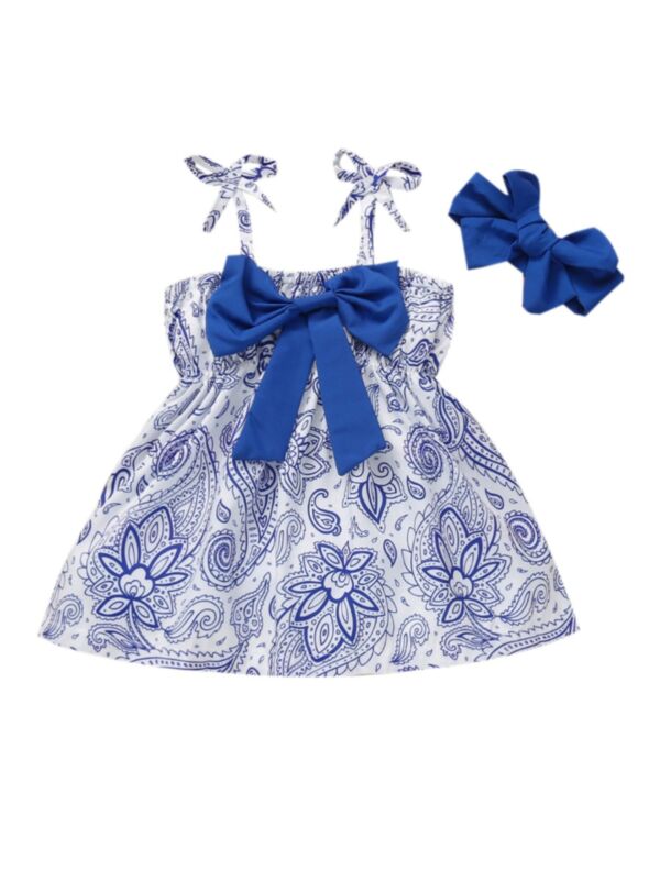 Flower Pattern Big Bow Suspender Baby Girl Summer Dress With Headband 21100361