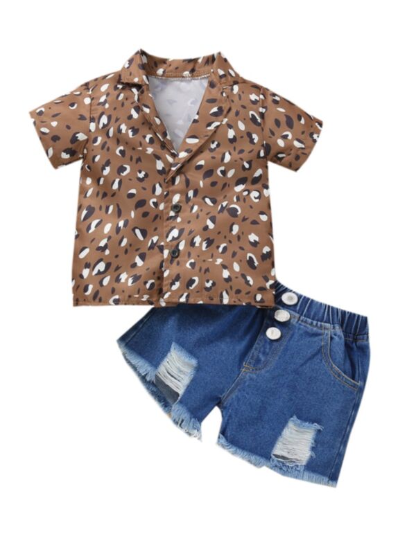 Leopard Print Shirt And Denim Shorts Two Piece Baby Clothes 21100363