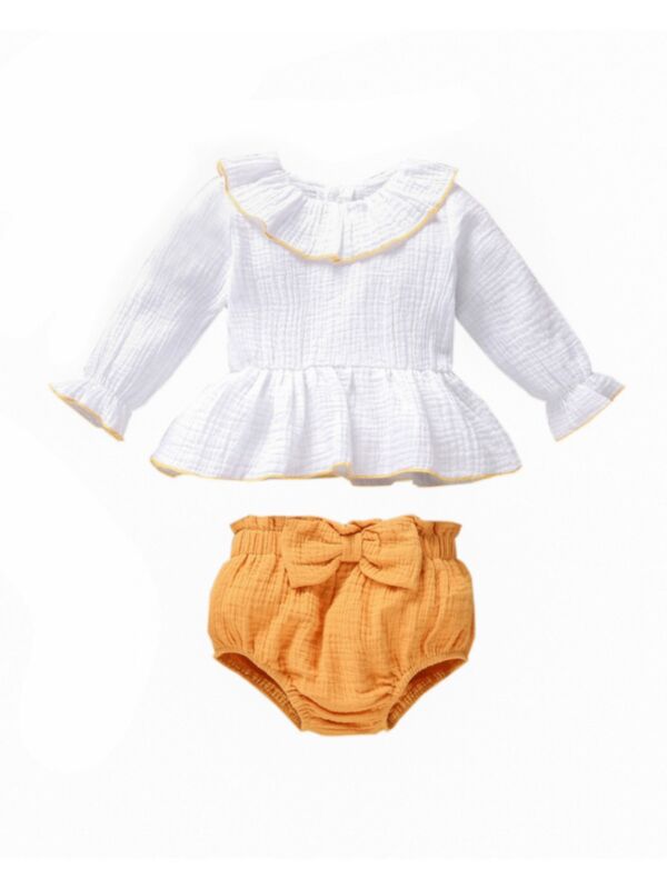 Solid Color Flared Sleeve Top And Bow Leggings Cheap Baby Outfit Sets 21100366