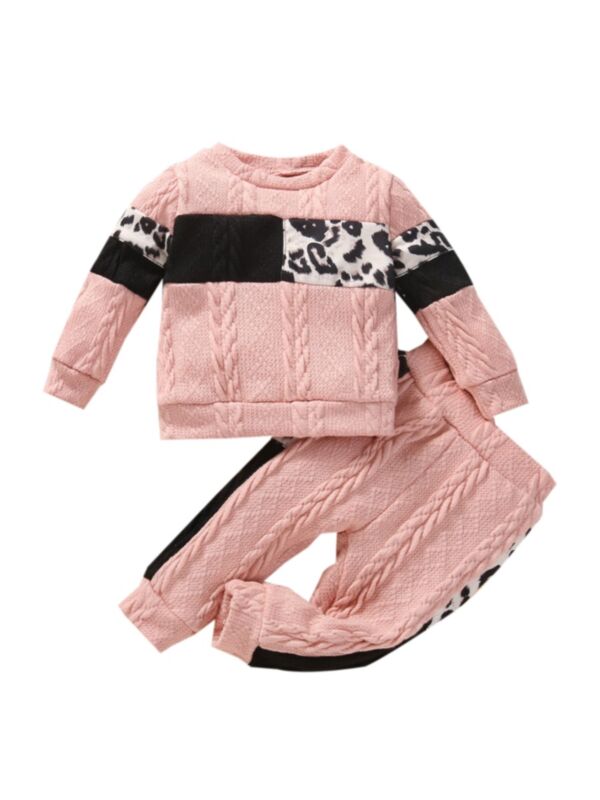 Leopard Print Colorblock Knitted Top And Trousers Baby Girl Outfit Sets 21100369