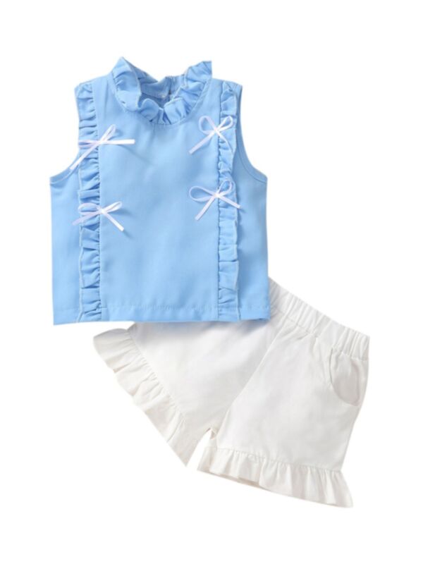 Solid Color Bow Sleeveless Top And Shorts Baby Girl 2 Piece Set 21100374