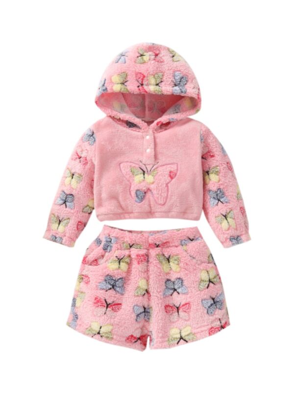 Colorful Butterfly Print Hooded Jacket And Shorts Cheap Baby Girl Clothing Sets 21100375
