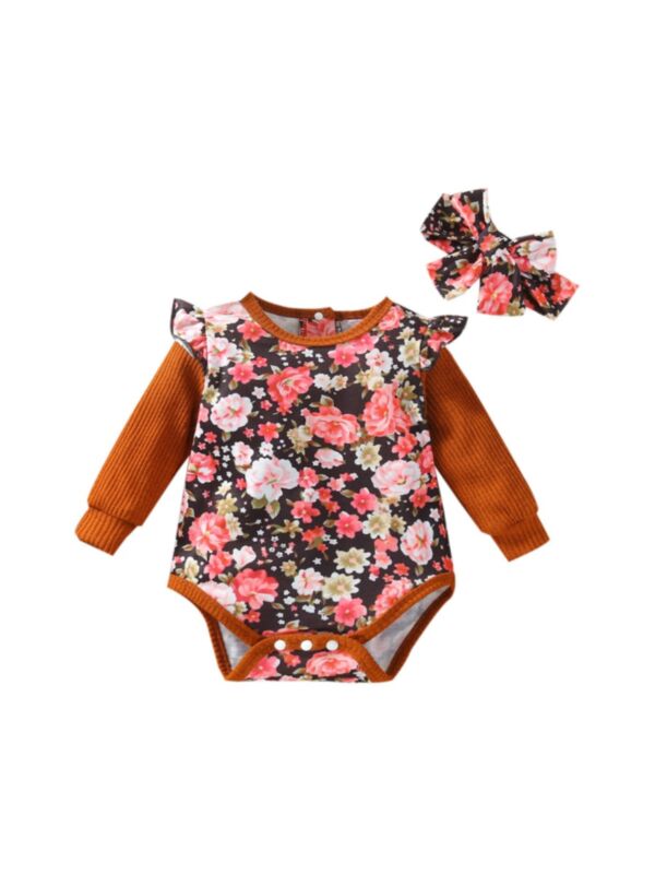 Floral Pattern Ribbed  Baby Girl Jumpsuit Long Sleeve Bodysuit And Headband 21100376