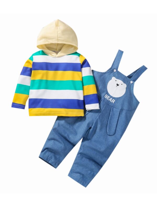 Colorblock Striped Hoodie And Polar Bear Jumpsuit Toddler Boy Two Piece Outfits 21101064