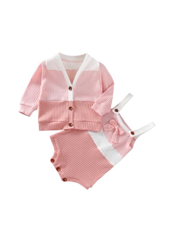 Colorblock Coat And Suspender Bodysuit Ribbed Baby Outfit Sets 21100377