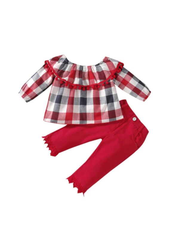 Ruffled Neck Check Top And Solid Color Trousers Two Piece Baby Sets 21100378