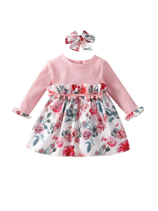 Floral Fringe Trim Ribbed Baby Girl Dress With Headband 21100379