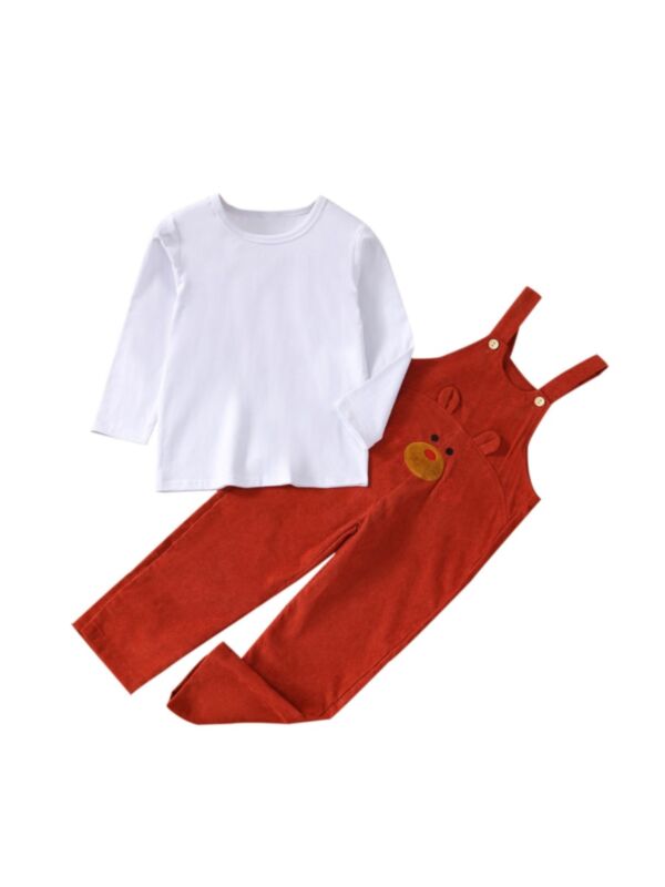 Round Neck Solid Color T-Shirt And Pig Emoji Kid Overall Set 21100381