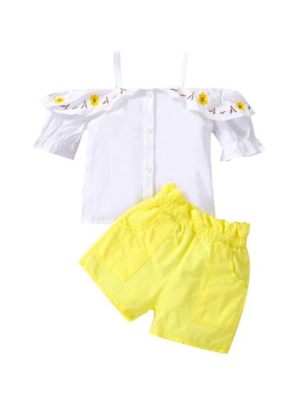 Floral Print Off Shoulder Top And Solid Color Shorts Two Piece Baby Girl Sets 21100382