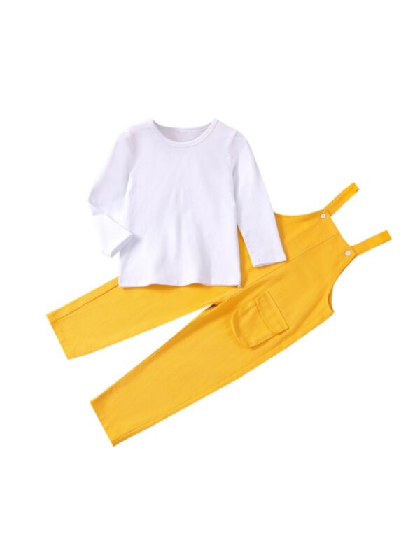 Solid Color Round Neck Top And Overalls Kid Outfit Sets 21100383