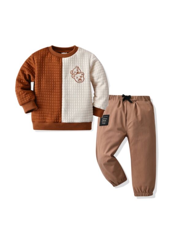 Bear Color Blocking Sweater And Pants Kid Boys Clothing Sets 211006573