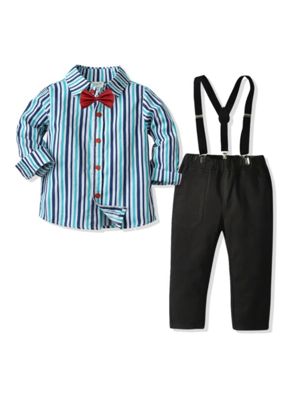 Two-Piece Striped Shirt And Solid Color Overalls Set Wholesale Boys Shirts 211008076