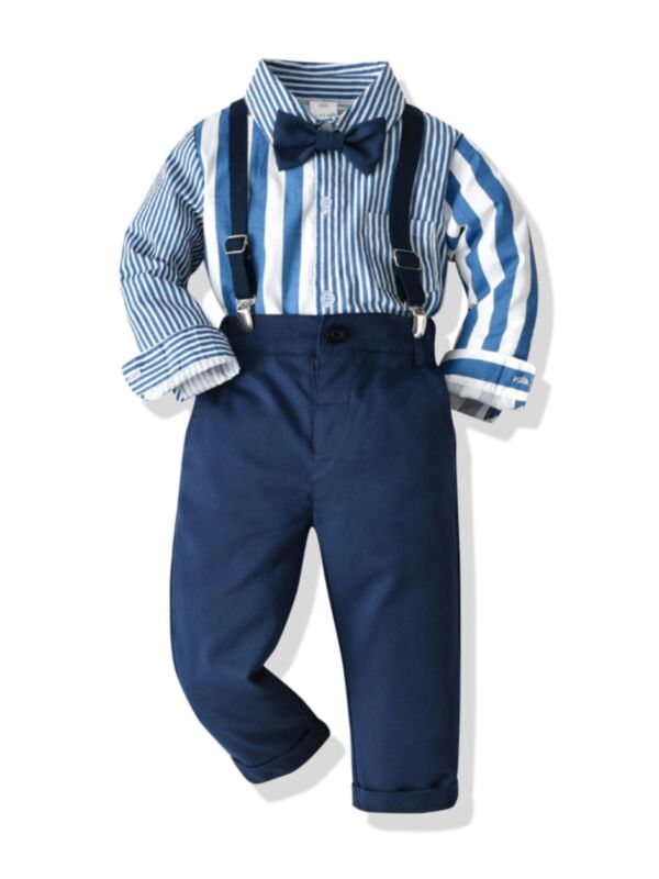 Boy Two-Piece Striped Shirt And Overalls With Bow Tie Wholesale Boy Clothing  211008685